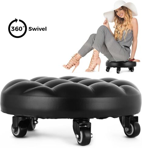 مقعد دوار منخفض إلى الأرض مع 5 عجلات دوارة عالمية للمنزل والمكتب أو اللياقة البدنية أو متجر المرآب وسادة من جلد البولي يوريثان عالية الكثافة والفولاذ الأسود المصنفر in Kuwait