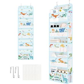 Clastyle Blue Dinosaur Kids Over the Door Organizer مع 5 جيوب كبيرة من الجيوب الحضانة شنقا منظمًا منظمًا ملابس منظمات ألعاب CAVET CASET DOOR معلقة تخزين الرف لخزنة غرفة النوم الحمام