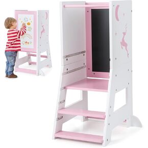 برج Costzon Toddler ، و Wooden Kids Kitch Breath Helper مع منصة قابلة للتعديل ، وسلامة السلامة ، والوحة البيضاء والطباشير ، وبرج دافئ للطفل لمكافحة المطبخ ، وحوض الحمام (رمادي)