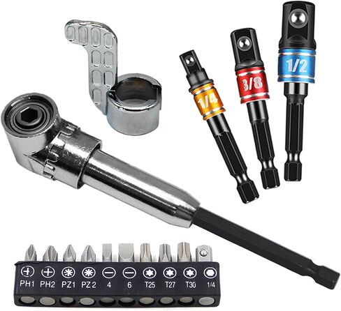 KAFENDA 105 Degree Right Angle Screwdriver Drill Adapter （Short） 3Pcs 1/4 3/8 1/2" Universal Socket Adapter Set Hex Shank Bit Square Power Drill Sockets 10 Pcs Bit (SET C) in Kuwait