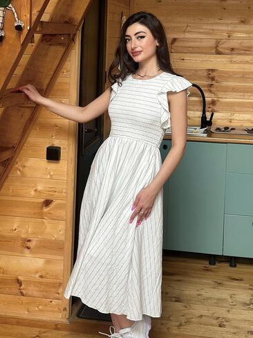 Simplee Womens Striped Midi Summer Dress Linen Smocked Flutter Short Sleeve Dress Flowy Casual Dress with Pockets in Saudi Arabia
