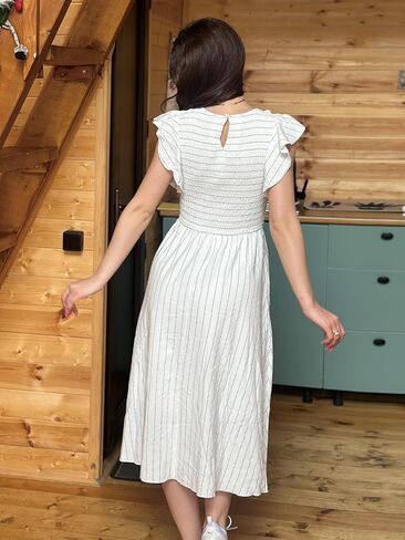 Simplee Womens Striped Midi Summer Dress Linen Smocked Flutter Short Sleeve Dress Flowy Casual Dress with Pockets in Saudi Arabia