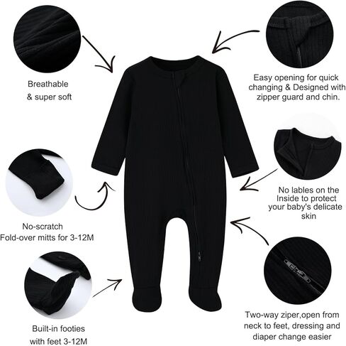ACESTAR Baby Footies Pajamas, 2-Way Zipper Baby Sleepers with Mitten Cuffs - Long Sleeve Baby Zip Up Onesie for 0-12 Months in Kuwait