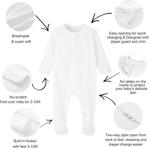 ACESTAR Baby Footies Pajamas, 2-Way Zipper Baby Sleepers with Mitten Cuffs - Long Sleeve Baby Zip Up Onesie for 0-12 Months in Kuwait