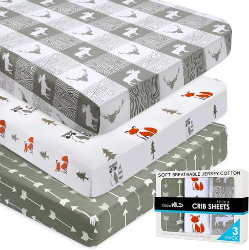 Fitted Unisex Crib Sheets (3 Pack) by GROW WILD - Jersey Knit Cotton Crib Sheets for Boys or Girls, 52" x 28" x 9" Crib Bedding Set (Woodland Gray and White) in Kuwait