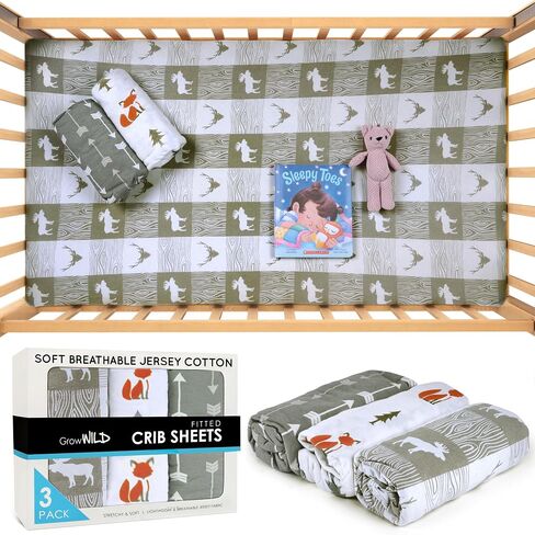 Fitted Unisex Crib Sheets (3 Pack) by GROW WILD - Jersey Knit Cotton Crib Sheets for Boys or Girls, 52" x 28" x 9" Crib Bedding Set (Woodland Gray and White) in Kuwait