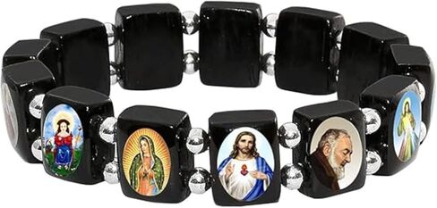 Catholica Shop I Catholic Religious Bracelets with Assorted Black & White Images of Catholic Saints I Wooden Stretchable Bracelet I Catholic Gifts Bracelets I Religious Bracelet in Kuwait