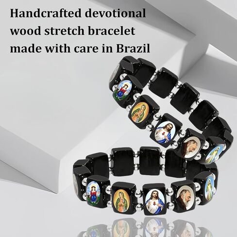 Catholica Shop I Catholic Religious Bracelets with Assorted Black & White Images of Catholic Saints I Wooden Stretchable Bracelet I Catholic Gifts Bracelets I Religious Bracelet in Kuwait