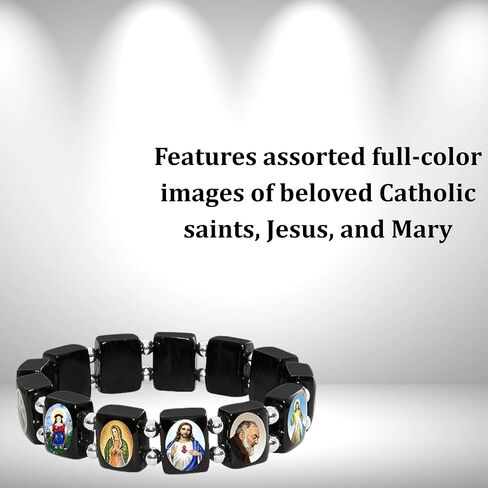 Catholica Shop I Catholic Religious Bracelets with Assorted Black & White Images of Catholic Saints I Wooden Stretchable Bracelet I Catholic Gifts Bracelets I Religious Bracelet in Kuwait