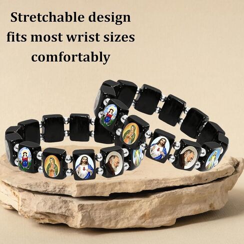 Catholica Shop I Catholic Religious Bracelets with Assorted Black & White Images of Catholic Saints I Wooden Stretchable Bracelet I Catholic Gifts Bracelets I Religious Bracelet in Kuwait