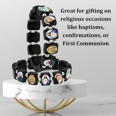 Catholica Shop I Catholic Religious Bracelets with Assorted Black & White Images of Catholic Saints I Wooden Stretchable Bracelet I Catholic Gifts Bracelets I Religious Bracelet in Kuwait