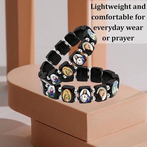 Catholica Shop I Catholic Religious Bracelets with Assorted Black & White Images of Catholic Saints I Wooden Stretchable Bracelet I Catholic Gifts Bracelets I Religious Bracelet in Kuwait