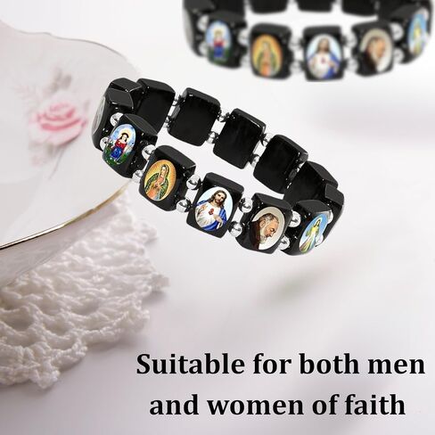 Catholica Shop I Catholic Religious Bracelets with Assorted Black & White Images of Catholic Saints I Wooden Stretchable Bracelet I Catholic Gifts Bracelets I Religious Bracelet in Kuwait