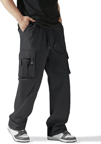 سروال كارجو رجالي كاجوال برباط خصر مطاطي للمشي لمسافات طويلة، بنطلون رياضي للركض، بنطلون رياضي للرجال، أسود، US 36(L) in Kuwait