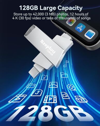 محرك أقراص فلاش 128 جيجابايت لـ iPhone iPad ، USB 3.0 Storage Storage Huffer For IPhone 15/16 Pro 4K Proring ، نسخة احتياطية من كاميرا محرك الأقراص الخارجي للصور ومقاطع الفيديو والملفات ، والتوصيل والتشغيل (Silver) in Saudi Arabia