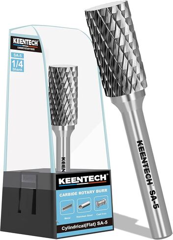 KEENTECH Burr Bits Tungsten Carbide, 1/4" Shank Die Grinder Bit, SB-5 Cutting Burrs with Storage Case, Double-Cut Cylinder Shape Rotary File for Hard Metal, 1/2" Cutting Dia. x 1" Cutting Length in Kuwait