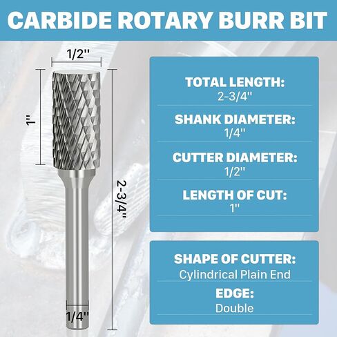 KEENTECH Burr Bits Tungsten Carbide, 1/4" Shank Die Grinder Bit, SB-5 Cutting Burrs with Storage Case, Double-Cut Cylinder Shape Rotary File for Hard Metal, 1/2" Cutting Dia. x 1" Cutting Length in Kuwait