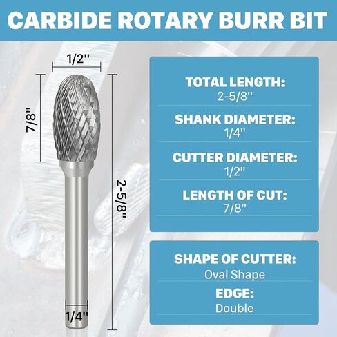 KEENTECH Burr Bits Tungsten Carbide, 1/4" Shank Die Grinder Bit, SB-5 Cutting Burrs with Storage Case, Double-Cut Cylinder Shape Rotary File for Hard Metal, 1/2" Cutting Dia. x 1" Cutting Length in Kuwait