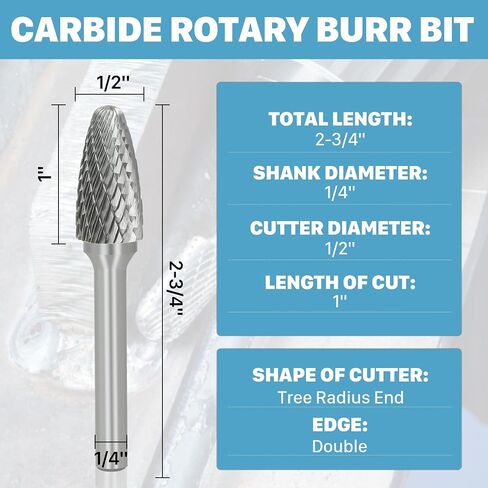KEENTECH Burr Bits Tungsten Carbide, 1/4" Shank Die Grinder Bit, SB-5 Cutting Burrs with Storage Case, Double-Cut Cylinder Shape Rotary File for Hard Metal, 1/2" Cutting Dia. x 1" Cutting Length in Kuwait