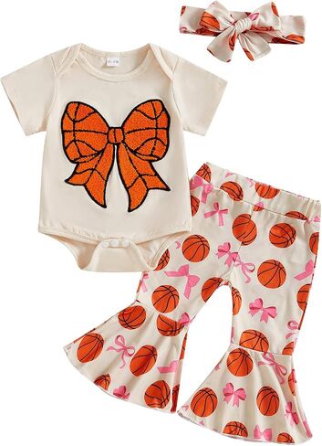 Basketball Baby Girl Outfit Newborn Basketball Bow Short Sleeve Romper Flare Pants Headband Set 3Pcs Summer Outfits in Kuwait