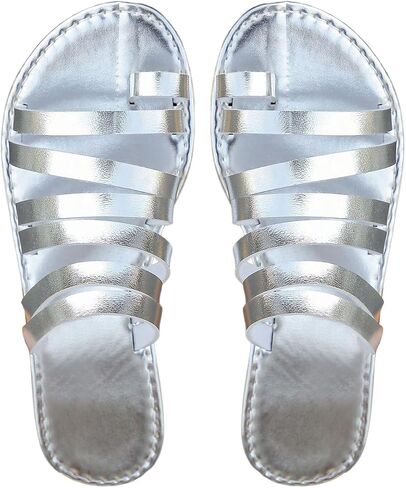 OYOANGLE Women's Metallic PU Leather Toe Post Flat Sandals Open Toe Ankle Strap Sandal Comfortable Walking Slides in Kuwait