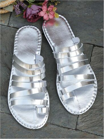 OYOANGLE Women's Metallic PU Leather Toe Post Flat Sandals Open Toe Ankle Strap Sandal Comfortable Walking Slides in Kuwait