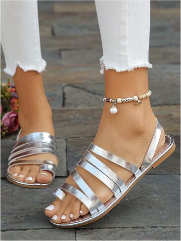 OYOANGLE Women's Metallic PU Leather Toe Post Flat Sandals Open Toe Ankle Strap Sandal Comfortable Walking Slides in Kuwait