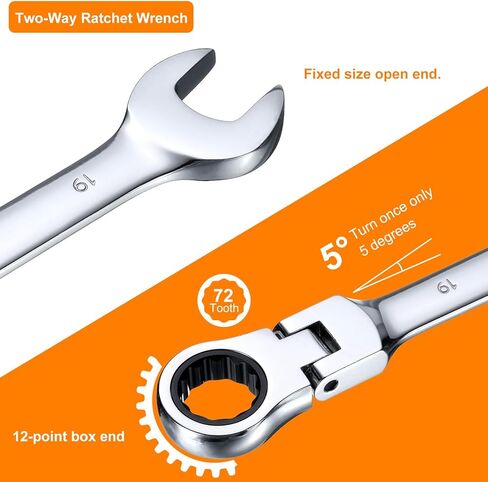 HARFINGTON 2pcs Flex-Head Ratcheting Wrench 8mm 180° Rotating Head Metric Ratchet Combination Wrenches 72-Teeth Chrome Vanadium Steel Open End Ratchet for Fasteners Nut Bolt in Kuwait