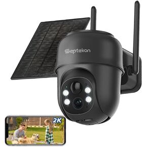 Septekon 2K Solar Security Cameras Wireless Outdoor, 360°PTZ Battery Powered Outdoor Camera, 2.4G WiFi Camera with Spotlight Color Night Vision, Motion Sensor Alarm, IP66, Black