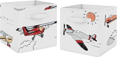 Sweet Jojo Designs Vintage Airplane Boy Collapsible Fabric Storage Cubes Foldable Bins Organizer Boxes Kids Baby Childrens Toys (Set of 2) Grey Green Blue White Yellow Airplanes Plane Transportation in Kuwait