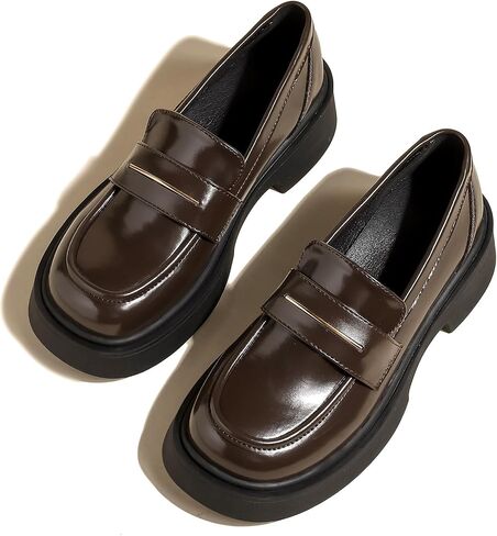 Women's Leather Platform Loafers - Chunky Heel Slip-On Shoes for Business & Casual, Round Toe Comfortable Work Dress Shoes with Cushioned Sole in Saudi Arabia