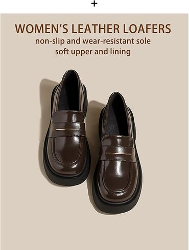 Women's Leather Platform Loafers - Chunky Heel Slip-On Shoes for Business & Casual, Round Toe Comfortable Work Dress Shoes with Cushioned Sole in Saudi Arabia