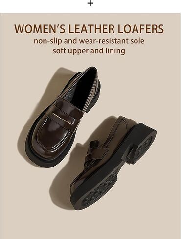 Women's Leather Platform Loafers - Chunky Heel Slip-On Shoes for Business & Casual, Round Toe Comfortable Work Dress Shoes with Cushioned Sole in Saudi Arabia