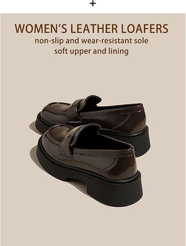 Women's Leather Platform Loafers - Chunky Heel Slip-On Shoes for Business & Casual, Round Toe Comfortable Work Dress Shoes with Cushioned Sole in Saudi Arabia