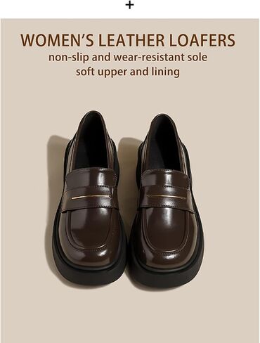 Women's Leather Platform Loafers - Chunky Heel Slip-On Shoes for Business & Casual, Round Toe Comfortable Work Dress Shoes with Cushioned Sole in Saudi Arabia