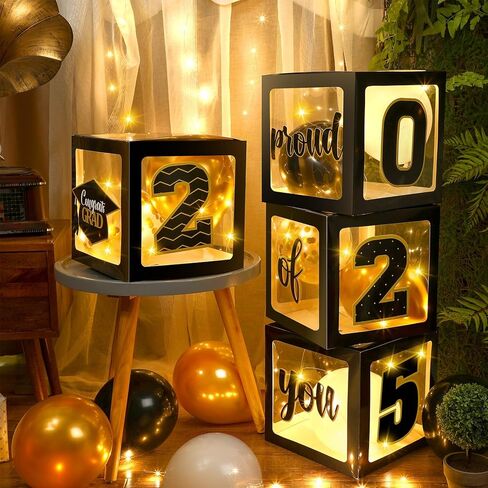 ديكورات صندوق التخرج من جيرفي مع بالونات وسلاسل إضاءة LED تهنئة 2024 لوازم حفلات التخرج فخورة بك صناديق البالونات لفئة 2024 ديكور حفلات الكلية المدرسية (فضي) in Kuwait