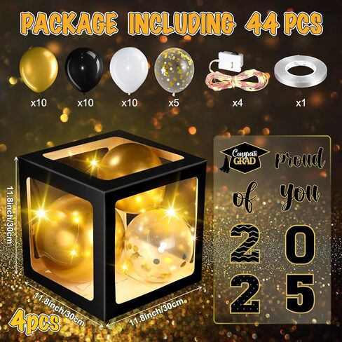 ديكورات صندوق التخرج من جيرفي مع بالونات وسلاسل إضاءة LED تهنئة 2024 لوازم حفلات التخرج فخورة بك صناديق البالونات لفئة 2024 ديكور حفلات الكلية المدرسية (فضي) in Kuwait