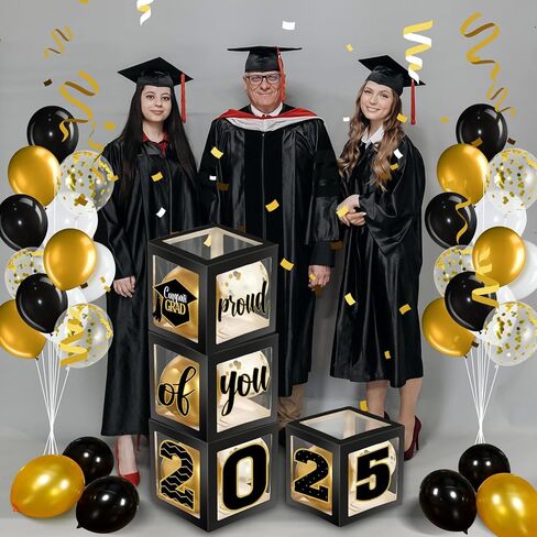 ديكورات صندوق التخرج من جيرفي مع بالونات وسلاسل إضاءة LED تهنئة 2024 لوازم حفلات التخرج فخورة بك صناديق البالونات لفئة 2024 ديكور حفلات الكلية المدرسية (فضي) in Kuwait