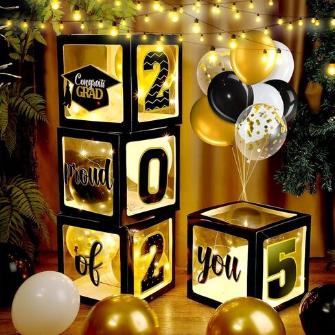 ديكورات صندوق التخرج من جيرفي مع بالونات وسلاسل إضاءة LED تهنئة 2024 لوازم حفلات التخرج فخورة بك صناديق البالونات لفئة 2024 ديكور حفلات الكلية المدرسية (فضي) in Kuwait