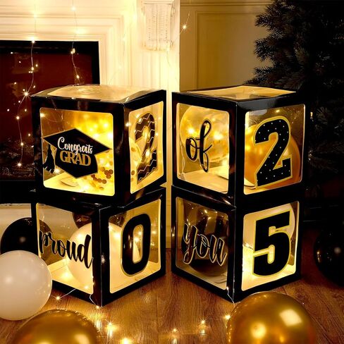 ديكورات صندوق التخرج من جيرفي مع بالونات وسلاسل إضاءة LED تهنئة 2024 لوازم حفلات التخرج فخورة بك صناديق البالونات لفئة 2024 ديكور حفلات الكلية المدرسية (فضي) in Kuwait