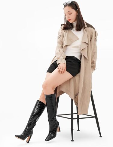 Knee High Boots Women Black Long Boots Slip on Tall Boots Chunky High Heel Square Toe Crocodile Pattern Leather Boots with Side Zipper for Ladies Sexy in Kuwait