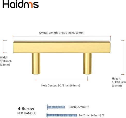 Haidms 20 Pack 76mm/3in Gold Cabinet Handles Brushed Brass Drawer Pulls Square Bar Hardware Pull for Kitchen Cupboard Dresser in Kuwait