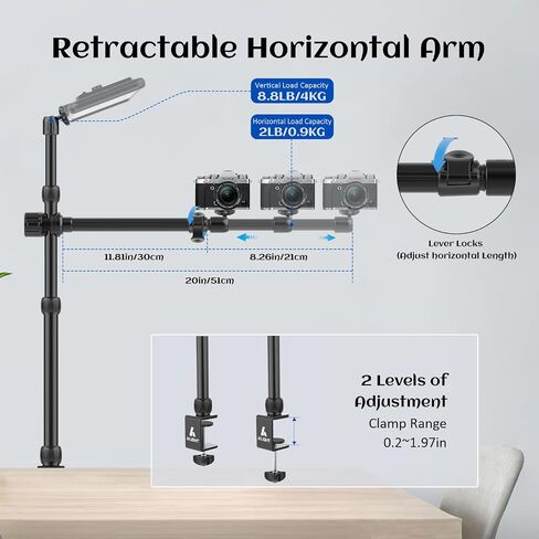 ailight Camera Desk Mount Table Stand, Adjustable Light Stand 10.83"-31.1" with Ball Head and Tabletop C Clamp for DSLR Camera, Ring Light, Mobile Phone, Live Streaming, Online Teaching Meeting, Vlog in Kuwait