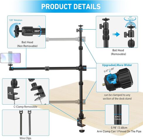 ailight Camera Desk Mount Table Stand, Adjustable Light Stand 10.83"-31.1" with Ball Head and Tabletop C Clamp for DSLR Camera, Ring Light, Mobile Phone, Live Streaming, Online Teaching Meeting, Vlog in Kuwait