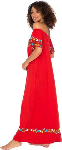 فستان باك فروم بالي للسيدات طويل بدون أكتاف مطرز مكسيكي طويل بوهو فستان فلاحي صيفي مزين بالورود in Kuwait