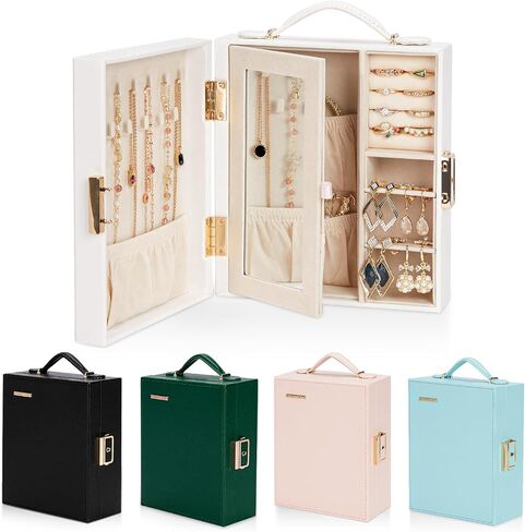 Enthralite Travel Jewelry Case|Travel Must Have|Portable Jewelry Box with Mirror|PU Leather Small Jewelry Organizer for Rings, Earrings, Necklaces, Bracelets (White) in Kuwait