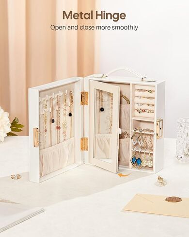 Enthralite Travel Jewelry Case|Travel Must Have|Portable Jewelry Box with Mirror|PU Leather Small Jewelry Organizer for Rings, Earrings, Necklaces, Bracelets (White) in Kuwait