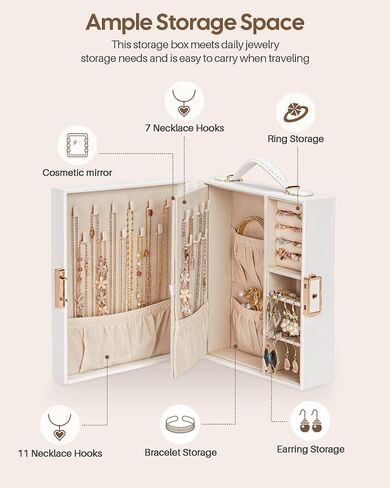 Enthralite Travel Jewelry Case|Travel Must Have|Portable Jewelry Box with Mirror|PU Leather Small Jewelry Organizer for Rings, Earrings, Necklaces, Bracelets (White) in Kuwait