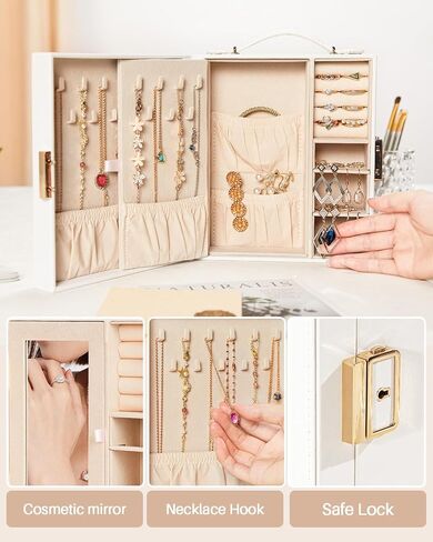 Enthralite Travel Jewelry Case|Travel Must Have|Portable Jewelry Box with Mirror|PU Leather Small Jewelry Organizer for Rings, Earrings, Necklaces, Bracelets (White) in Kuwait