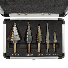 5pcs خطوة الحفر مع لكمة مركزية أوتوماتيكية ، مجموعة بتات الحفر عالية السرعة من الصلب ، مجموع البتات HSS Titanium Bits للمعادن